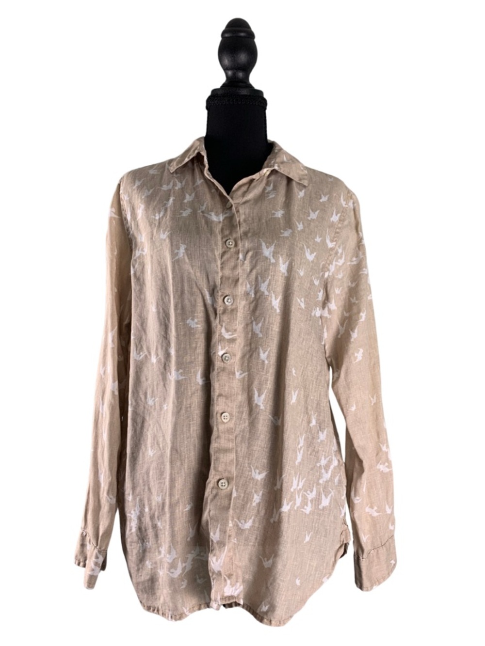 J. Jill Taupe and White Bird-Print Button Front Linen Top Women's XS Boho Summer
